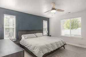 Bedroom featuring multiple windows, carpet flooring, baseboards, and ceiling fan