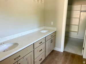Bathroom with wood finished floors and double vanity