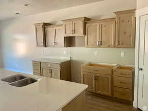 Kitchen with a sink, wood finished floors, and light brown cabinets