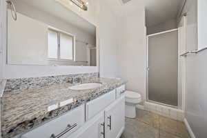 Full bath with a shower stall, toilet, vanity, and tile patterned floors
