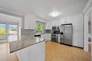 Kitchen featuring appliances with stainless steel finishes, a sink, a peninsula, light wood-style flooring, and ornamental molding
