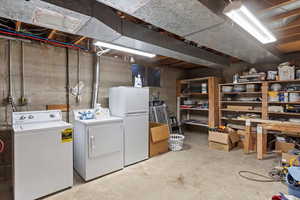 Unfinished below grade area with washing machine and dryer
