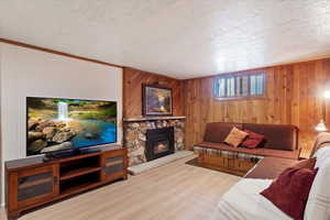 Finished basement family room area featuring LVP  flooring, a stone fireplace, and wood slat walls
