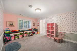 Recreation room with crown molding and wallpapered walls