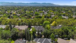 Aerial perspective of suburban area featuring mountains