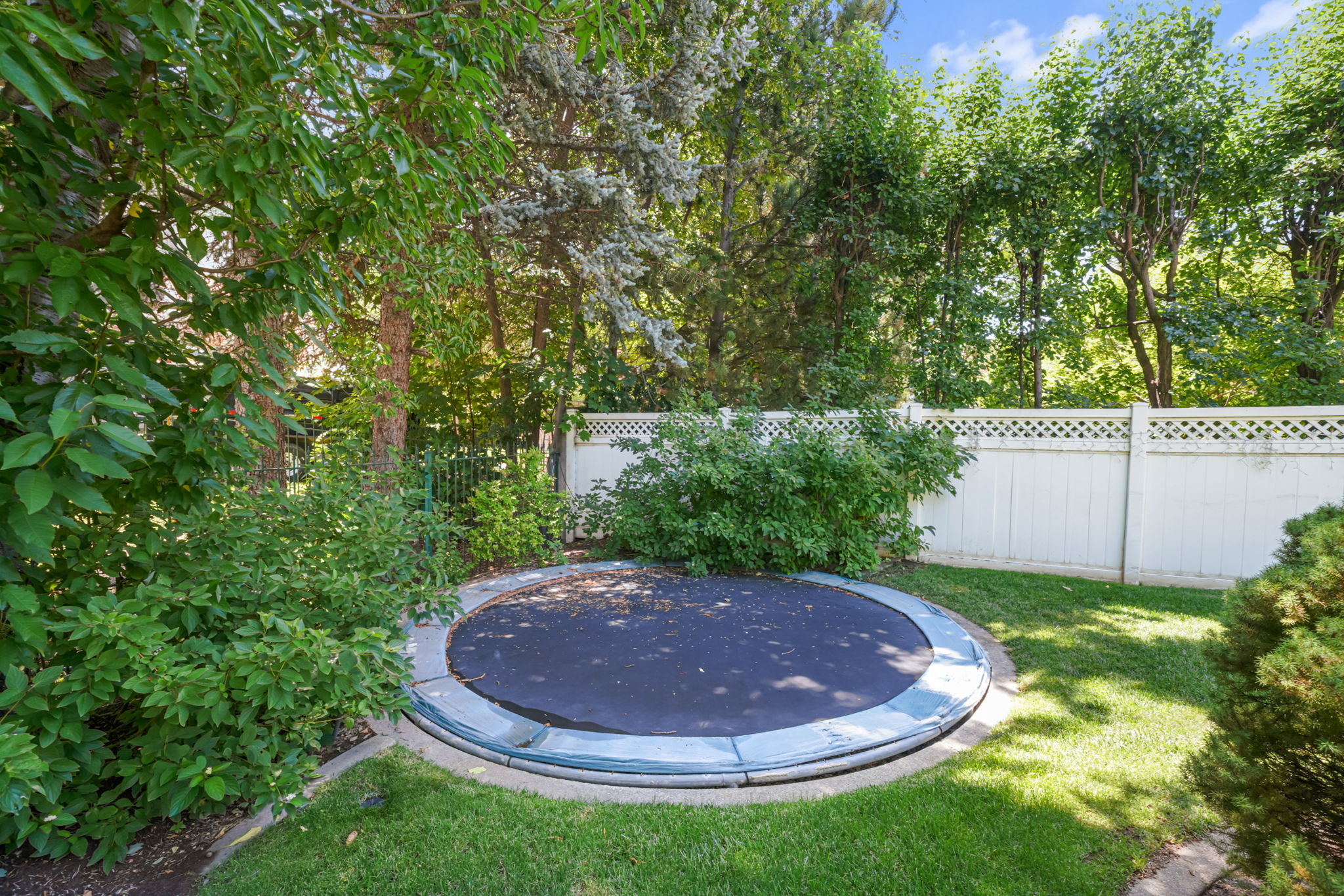 Fenced backyard with a trampoline