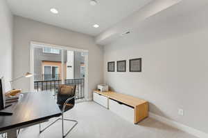 3rd bedroom with light carpet, baseboards, and recessed lighting