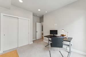 3rd bedroom featuring carpet flooring, baseboards, and recessed lighting
