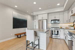Kitchen with stainless steel appliances, light wood-style flooring, a kitchen bar, a sink, and recessed lighting
