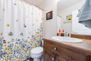Bathroom with toilet, vanity, and a shower with curtain