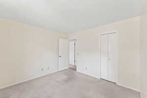 Unfurnished bedroom featuring light carpet, a closet, and baseboards
