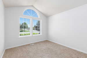 Carpeted empty room with plenty of natural light, vaulted ceiling, and baseboards