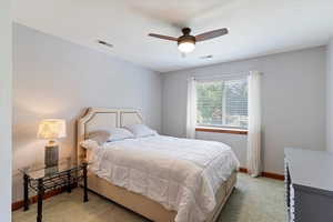 Large bedroom with a ceiling fan