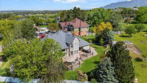 Aerial view of residential area with mature trees