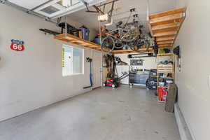Deep Garage featuring a garage door opener and storage