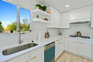 Kitchen featuring dishwasher, a sink, custom exhaust hood, decorative backsplash, and recessed lighting