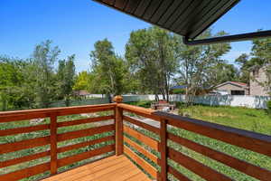 Wooden deck featuring a fenced backyard