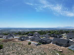 Aerial view of residential area with a mountain backdrop