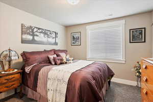 Bedroom featuring carpet and baseboards