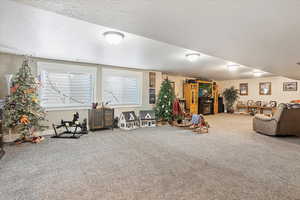 Carpeted living room with a textured ceiling and baseboards