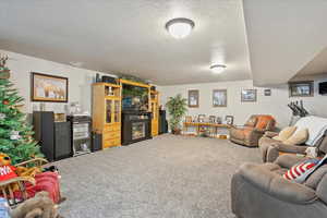 Living area with carpet floors, a fireplace, and a textured ceiling