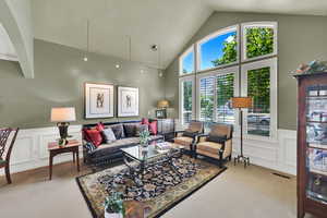 Living room featuring carpet floors, a decorative wall, wainscoting, and high vaulted ceiling