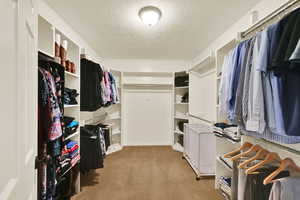 Spacious master closet featuring carpet floors