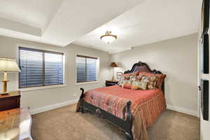 Downstairs Bedroom with a textured ceiling, carpet, and baseboards