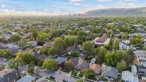 Aerial perspective of suburban area featuring mountains