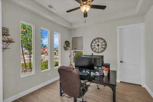 Office space with healthy amount of natural light, a tray ceiling, and wood finished floors