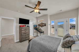 Bedroom with access to outside, light carpet, baseboards, and ceiling fan
