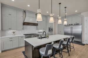 Kitchen featuring built in appliances, premium range hood, a sink, light wood-style floors, and backsplash