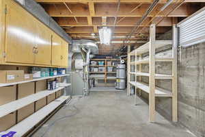 Unfinished basement featuring secured water heater