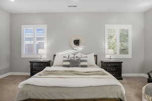 Bedroom featuring carpet flooring, multiple windows, and baseboards