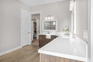 Bathroom featuring double vanity, wood finished floors, and a walk in closet