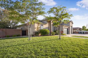 View of property hidden behind natural elements with concrete driveway, stucco siding, a garage, and a gate