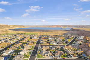Aerial view of residential area with a large body of water
