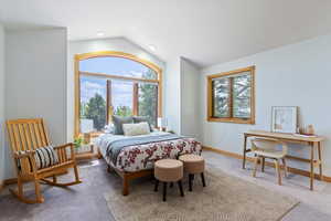Carpeted bedroom with vaulted ceiling and baseboards