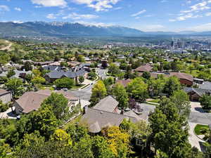 Aerial view of residential area with a mountain backdrop