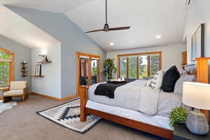 Bedroom featuring access to outside, carpet floors, recessed lighting, baseboards, and a ceiling fan