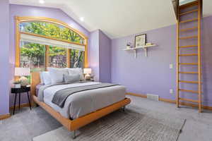 Bedroom featuring lofted ceiling, carpet floors, recessed lighting, and baseboards