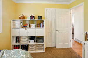 Carpeted bedroom featuring ornamental molding and a closet