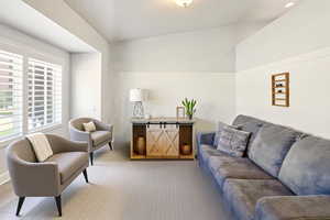 Chairs and rug virtually staged to showcase available use of space. All other items genuine.