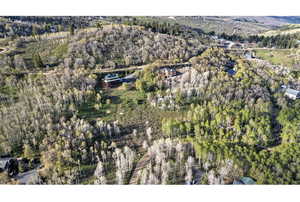 Aerial view of property and surrounding area with a heavily wooded area
