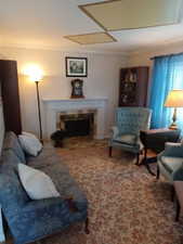 Living area with crown molding and a fireplace