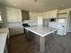 Kitchen with stainless steel appliances, dark wood-style flooring, tasteful backsplash, a center island, and custom range hood
