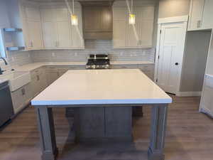Kitchen with stainless steel gas stove, a sink, open shelves, and dark wood finished floors