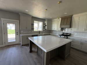 Kitchen featuring appliances with stainless steel finishes, custom exhaust hood, a textured ceiling, open shelves, and a sink
