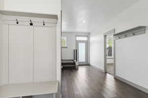 Mudroom featuring healthy amount of natural light, dark wood finished floors, baseboards, and a textured ceiling