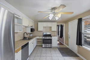 Kitchen with stainless steel appliances, a sink, tasteful backsplash, and white cabinetry